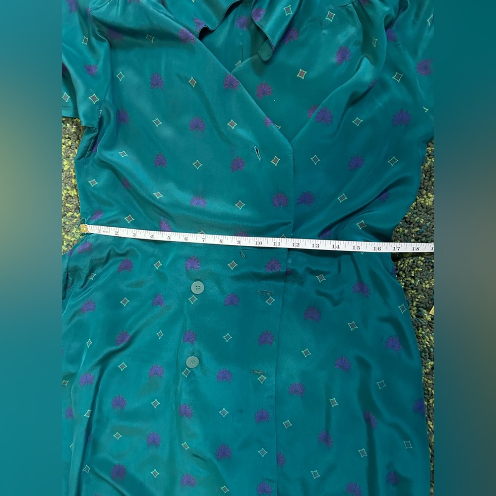 Vintage 80s/90s Liz Claiborne 100% Silk Dark Green Print Midi/Maxi Dress Size 8 - Picture 14 of 16
